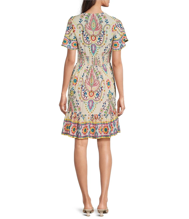 Charlie B. Woven Print V-Neck Short Sleeve A-Line Dress