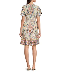 Charlie B. Woven Print V-Neck Short Sleeve A-Line Dress
