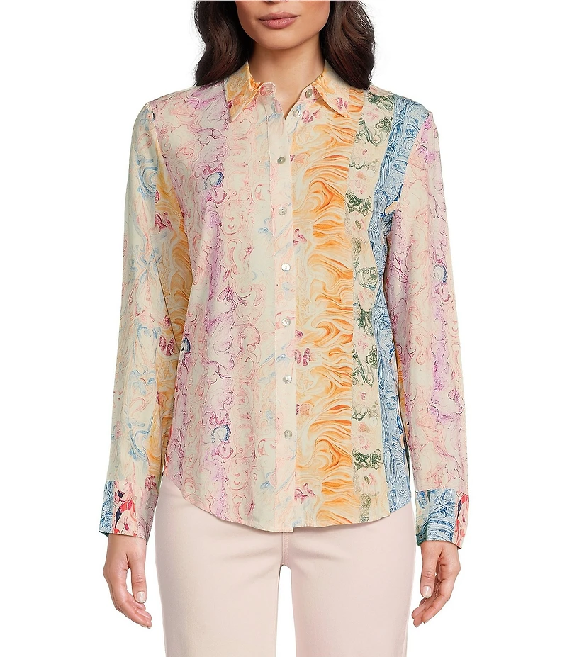 Charlie B. Woven Printed Point Collar Long Sleeve Blouse