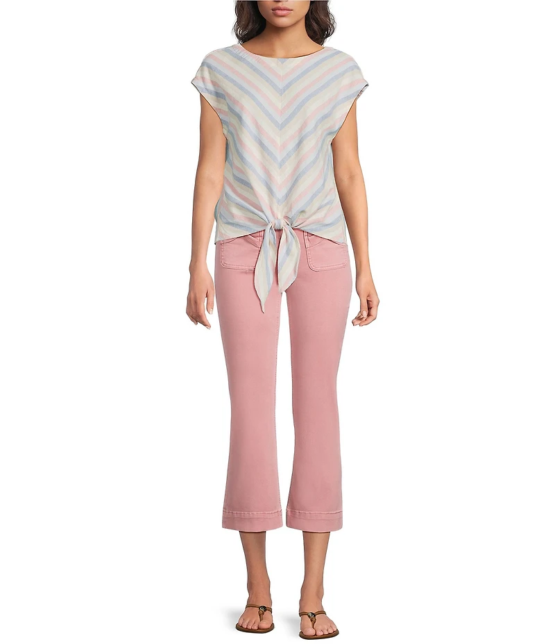 Charlie B. Woven Striped Boat Neck Cap Sleeve Front Tie Top