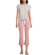 Charlie B. Woven Striped Boat Neck Cap Sleeve Front Tie Top