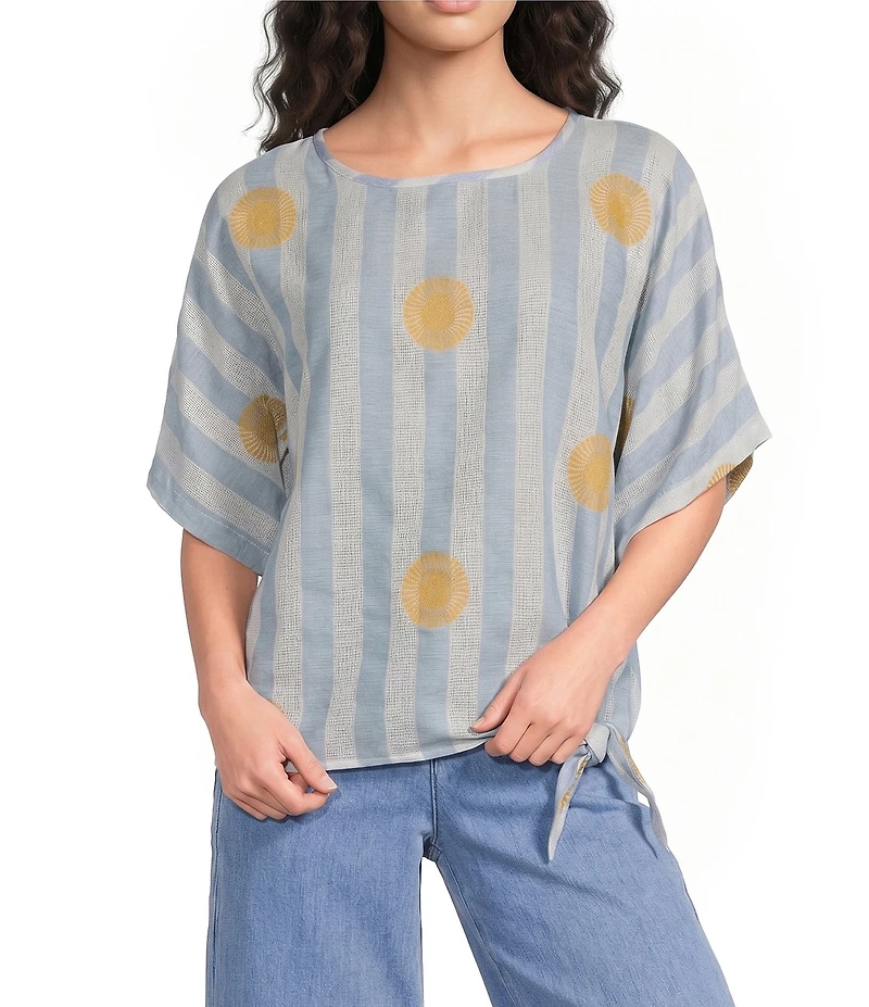 Charlie B. Woven Striped Embroidered Round Neck Short Sleeve Tie Top