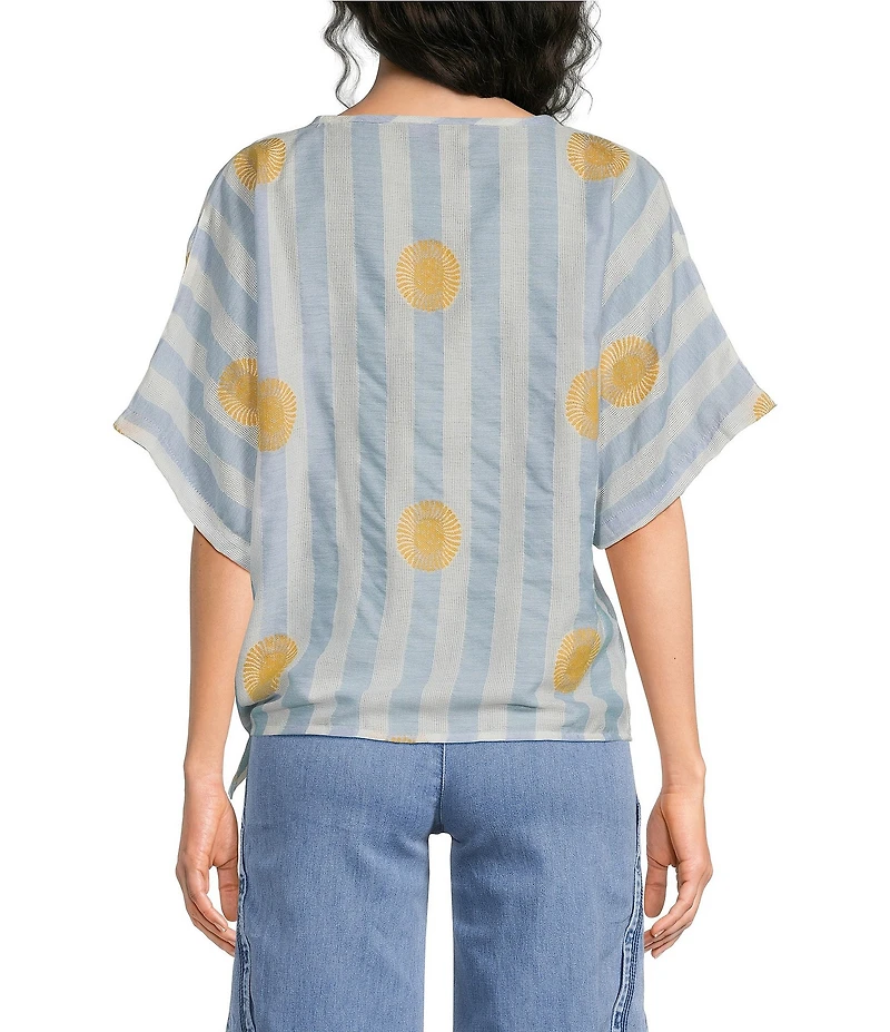 Charlie B. Woven Striped Embroidered Round Neck Short Sleeve Tie Top