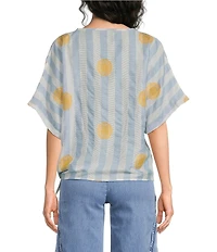 Charlie B. Woven Striped Embroidered Round Neck Short Sleeve Tie Top