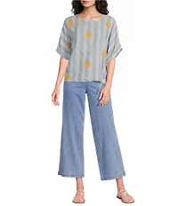 Charlie B. Woven Striped Embroidered Round Neck Short Sleeve Tie Top