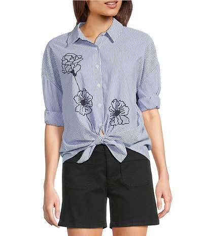 Charlie B. Woven Striped Floral Point Collar 3/4 Sleeve Blouse