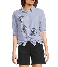 Charlie B. Woven Striped Floral Point Collar 3/4 Sleeve Blouse