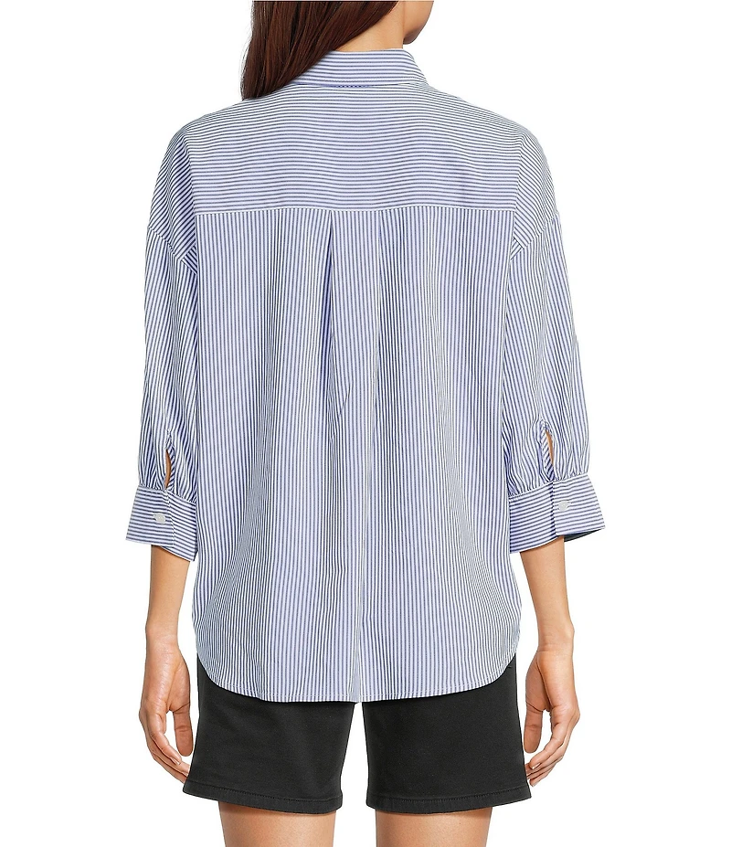 Charlie B. Woven Striped Floral Point Collar 3/4 Sleeve Blouse