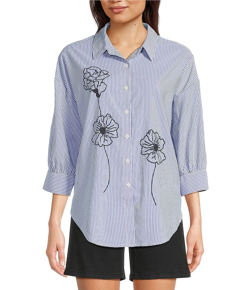 Charlie B. Woven Striped Floral Point Collar 3/4 Sleeve Blouse