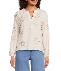 Charlie B. Woven Textured Embroidered Split V-Neck Long Sleeve Blouse
