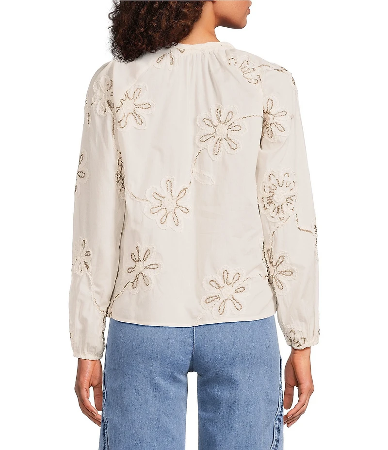 Charlie B. Woven Textured Embroidered Split V-Neck Long Sleeve Blouse