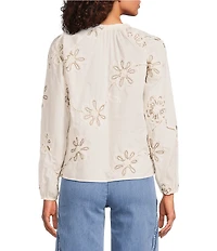 Charlie B. Woven Textured Embroidered Split V-Neck Long Sleeve Blouse