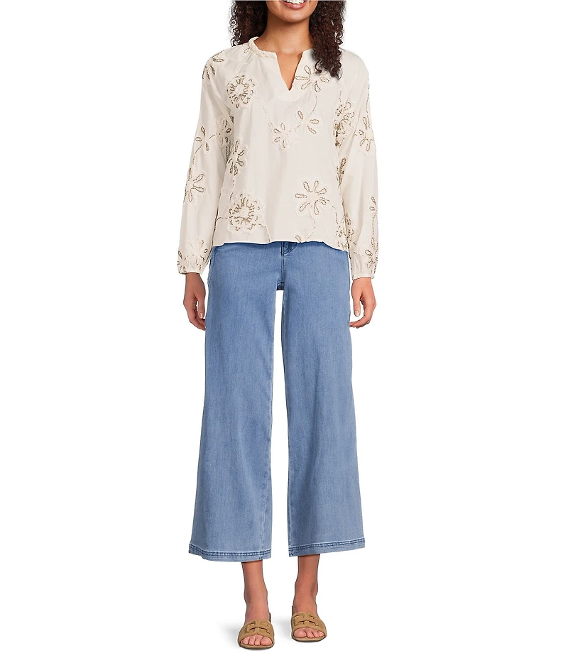 Charlie B. Woven Textured Embroidered Split V-Neck Long Sleeve Blouse