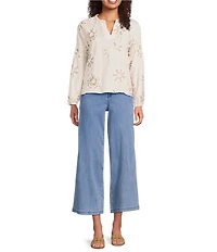 Charlie B. Woven Textured Embroidered Split V-Neck Long Sleeve Blouse