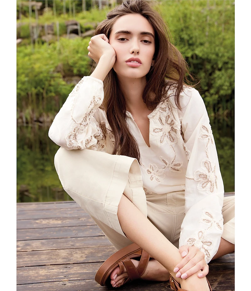 Charlie B. Woven Textured Embroidered Split V-Neck Long Sleeve Blouse