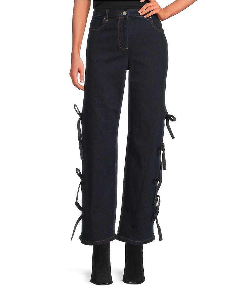 Chelsea & Violet Allegra High Rise Dark Wash Denim Side Bow Tie Wide Leg Full Length Jeans