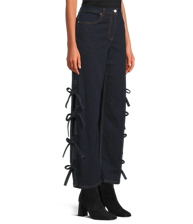 Chelsea & Violet Allegra High Rise Dark Wash Denim Side Bow Tie Wide Leg Full Length Jeans