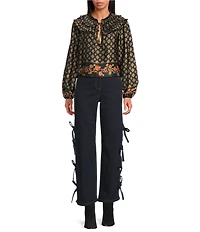 Chelsea & Violet Allegra High Rise Dark Wash Denim Side Bow Tie Wide Leg Full Length Jeans