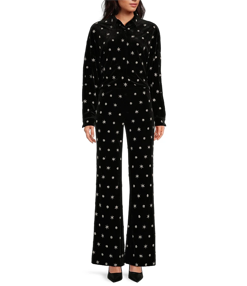 Chelsea & Violet Allegra Velvet Beaded Stars Point Collar Button Front Long Sleeve Cropped Blouse