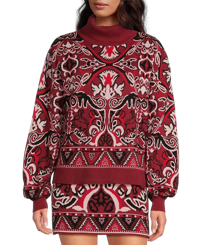 Chelsea & Violet Arlo Fair Isle Knit Turtleneck Long Blouson Sleeve Cropped Sweater