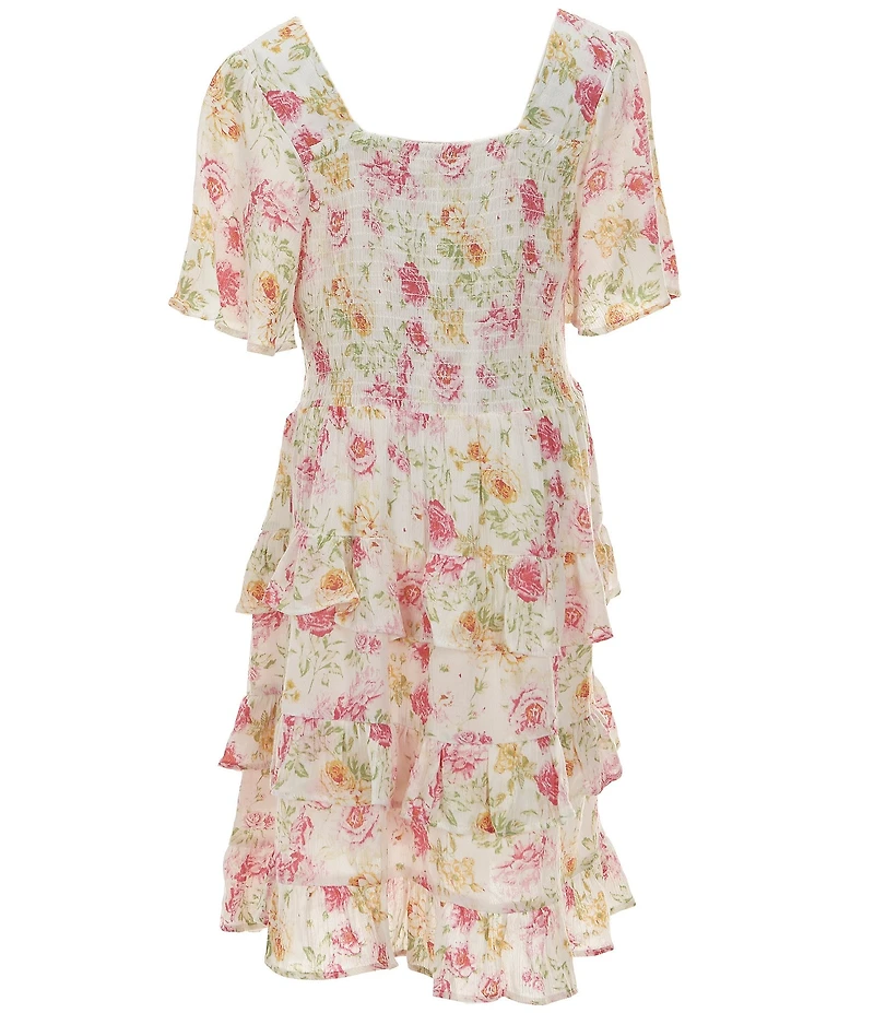 Chelsea & Violet Big Girls Floral Print Short Sleeve Square Neck Smocked Tiered Dress