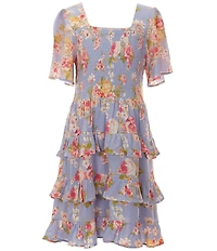 Chelsea & Violet Big Girls Floral Print Short Sleeve Square Neck Smocked Tiered Dress