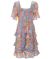 Chelsea & Violet Big Girls Floral Print Short Sleeve Square Neck Smocked Tiered Dress