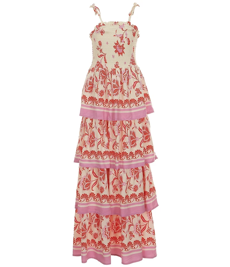 Chelsea & Violet Big Girls Tiered Smocked Bodice Mixed Floral Print Maxi Dress