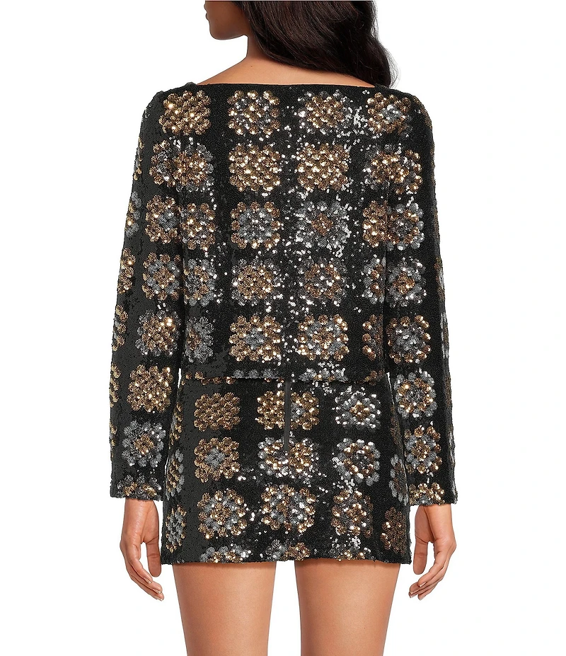 Chelsea & Violet Bonnie Straight Neckline Long Sleeve Length Check Sequin Coordinating Top