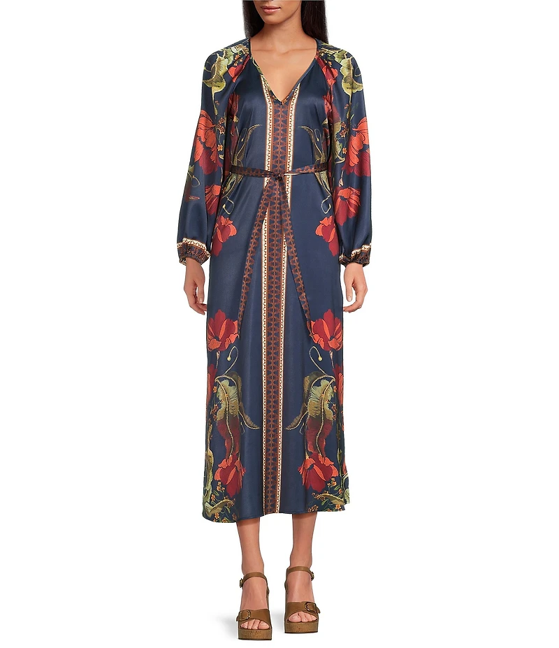 Chelsea & Violet Chloe Printed Floral Crew Neck Long Sleeve Belted Maxi Dress