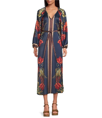 Chelsea & Violet Chloe Printed Floral Crew Neck Long Sleeve Belted Maxi Dress