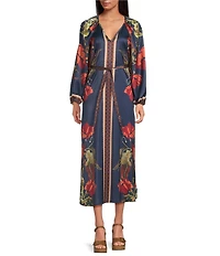 Chelsea & Violet Chloe Printed Floral Crew Neck Long Sleeve Belted Maxi Dress