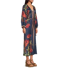 Chelsea & Violet Chloe Printed Floral Crew Neck Long Sleeve Belted Maxi Dress