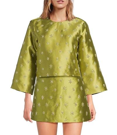 Chelsea & Violet Clover Crew Neckline Bracelet Sleeve Embroidered Coordinating Blouse