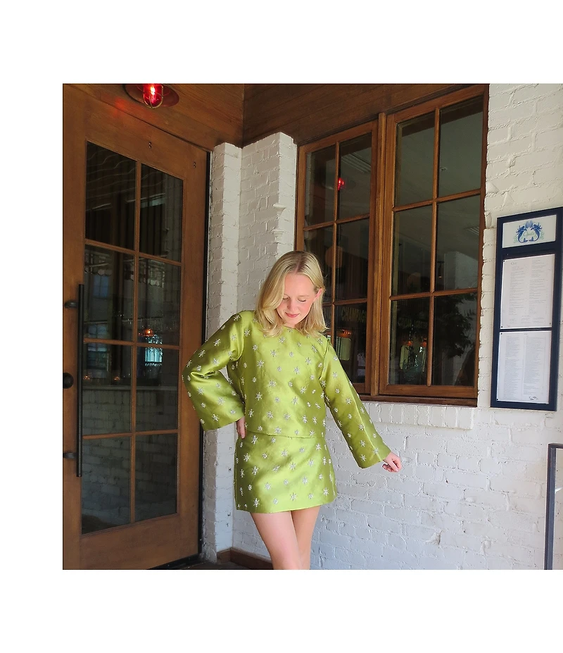 Chelsea & Violet Clover Crew Neckline Bracelet Sleeve Embroidered Coordinating Blouse