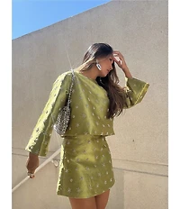 Chelsea & Violet Clover Crew Neckline Bracelet Sleeve Embroidered Coordinating Blouse