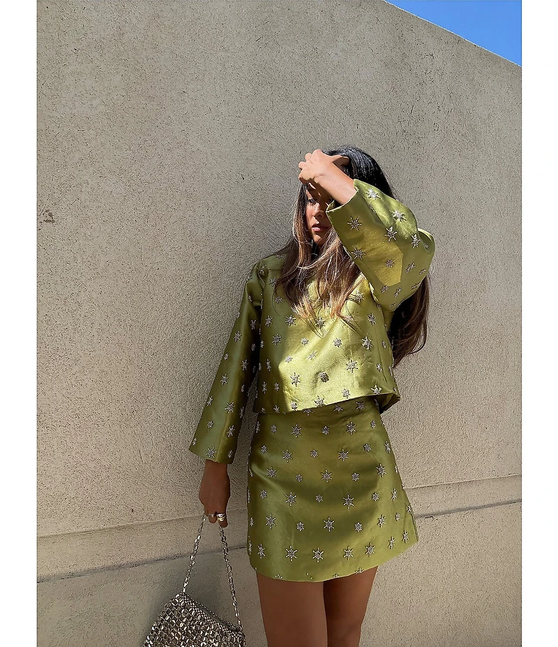 Chelsea & Violet Clover Crew Neckline Bracelet Sleeve Embroidered Coordinating Blouse