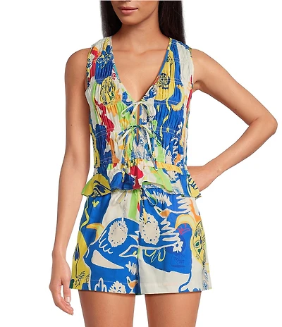 Chelsea & Violet Coordinating Natalie Printed Sleeveless V-Neckline Self Tie Smock Detail Front Blouse