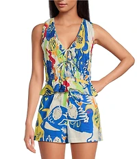 Chelsea & Violet Coordinating Natalie Printed Sleeveless V-Neckline Self Tie Smock Detail Front Blouse