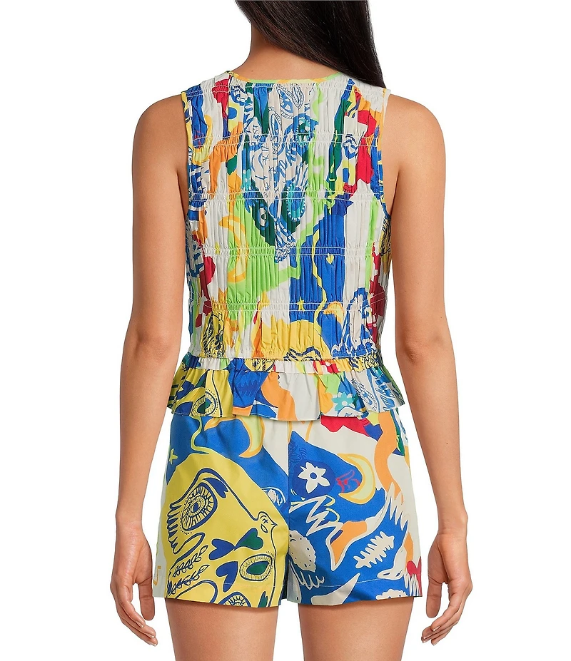 Chelsea & Violet Coordinating Natalie Printed Sleeveless V-Neckline Self Tie Smock Detail Front Blouse