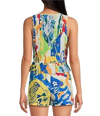 Chelsea & Violet Coordinating Natalie Printed Sleeveless V-Neckline Self Tie Smock Detail Front Blouse