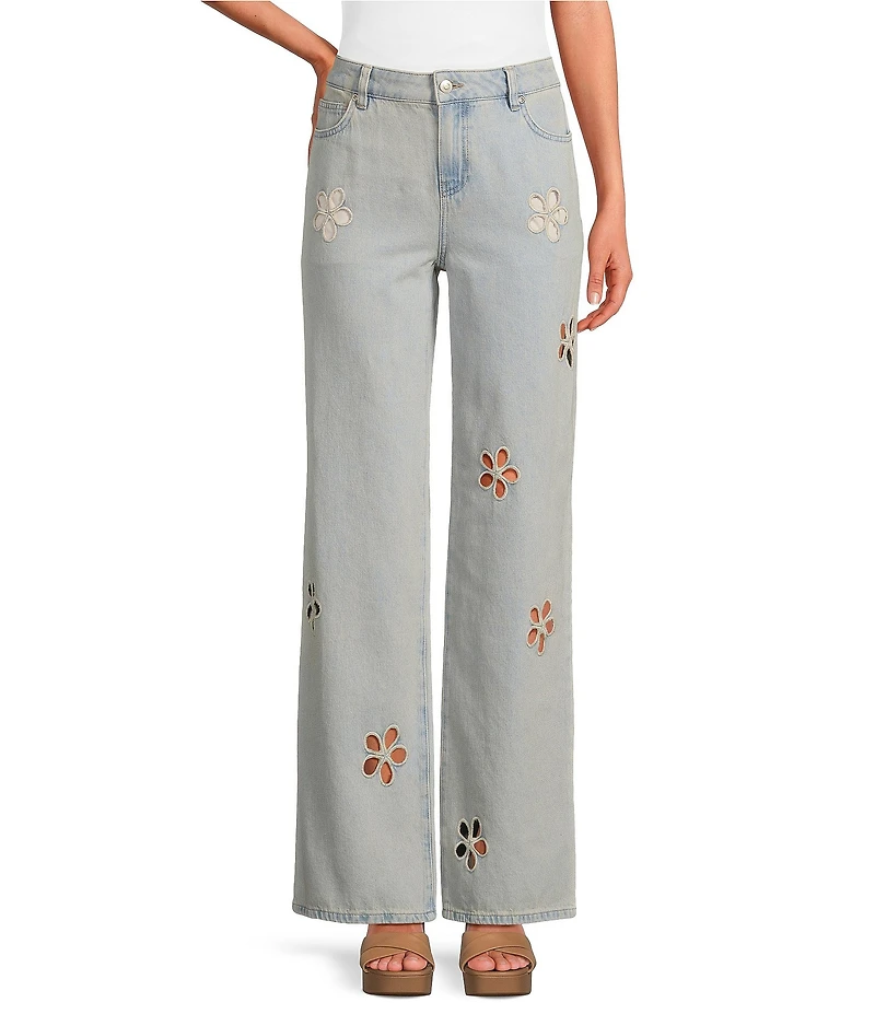 Chelsea & Violet Daisy Cutout Straight Leg High Rise Denim Jeans