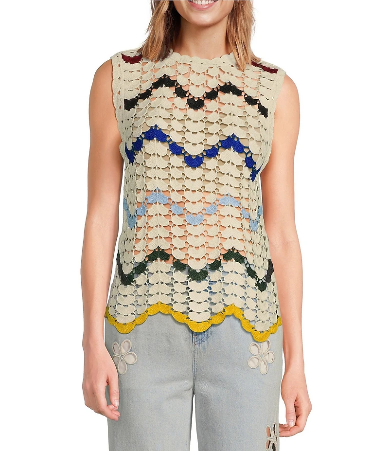 Chelsea & Violet Electra Chevron Print Crew Neckline Sleeveless Crochet Blouse