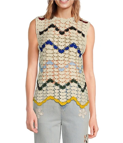 Chelsea & Violet Electra Chevron Print Crew Neckline Sleeveless Crochet Blouse