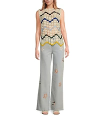 Chelsea & Violet Electra Chevron Print Crew Neckline Sleeveless Crochet Blouse