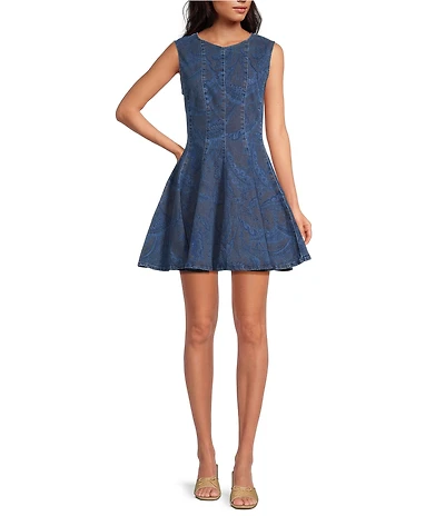 Chelsea & Violet Elsie Embroidered Paisley Printed Crew Neckline Sleeveless Denim Dress