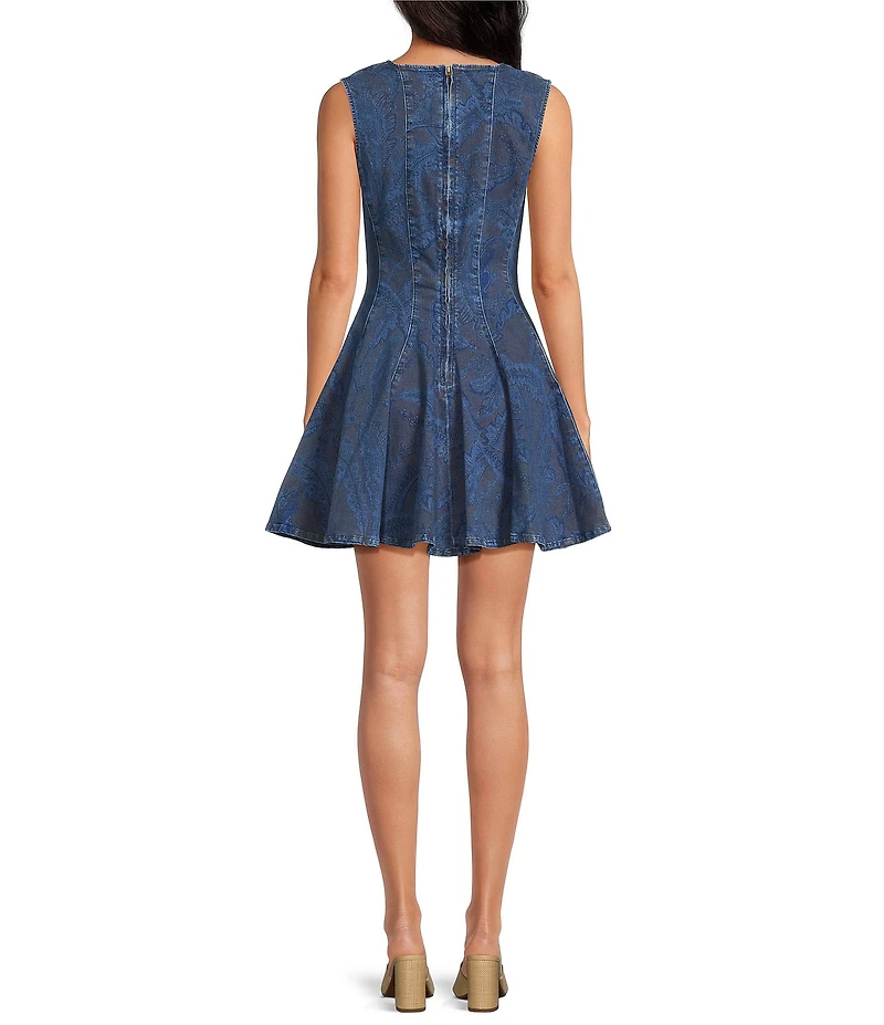 Chelsea & Violet Elsie Embroidered Paisley Printed Crew Neckline Sleeveless Denim Dress