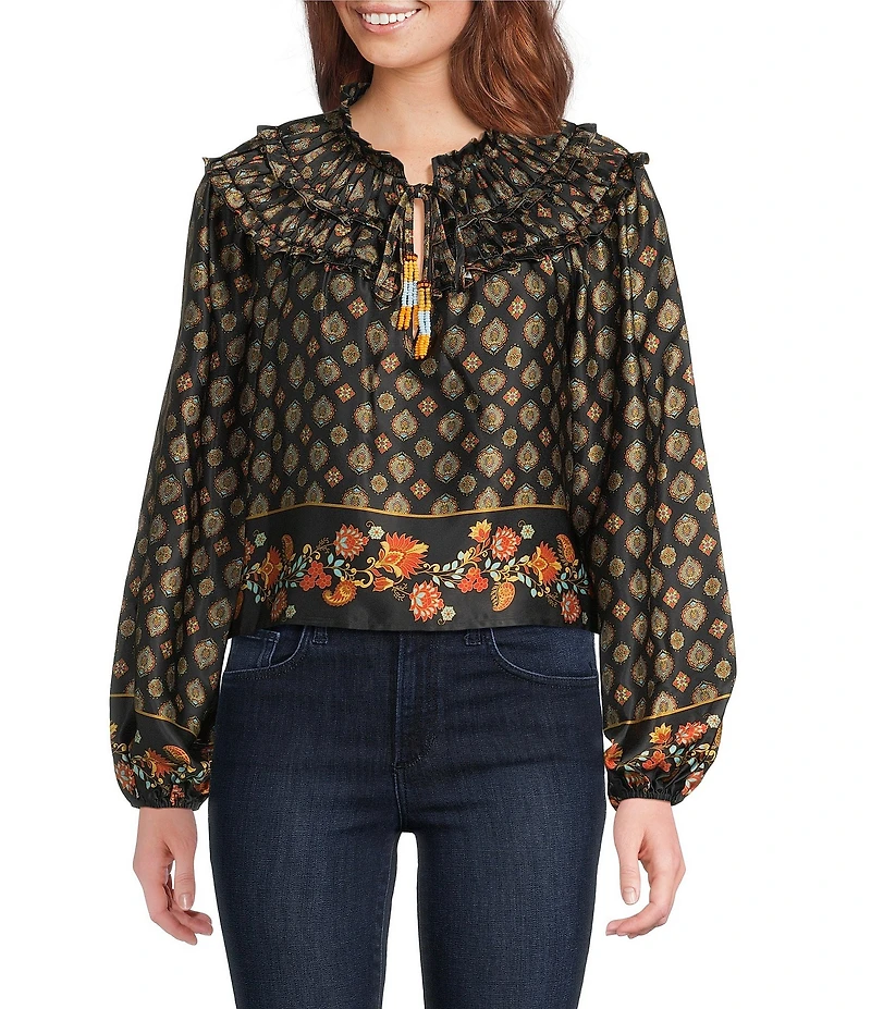 Chelsea & Violet Hazel Paisley Printed Chiffon Crew Neckline Long Sleeve Blouse