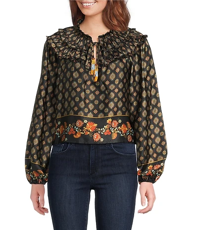 Chelsea & Violet Hazel Paisley Printed Chiffon Crew Neckline Long Sleeve Blouse