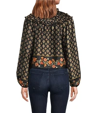 Chelsea & Violet Hazel Paisley Printed Chiffon Crew Neckline Long Sleeve Blouse